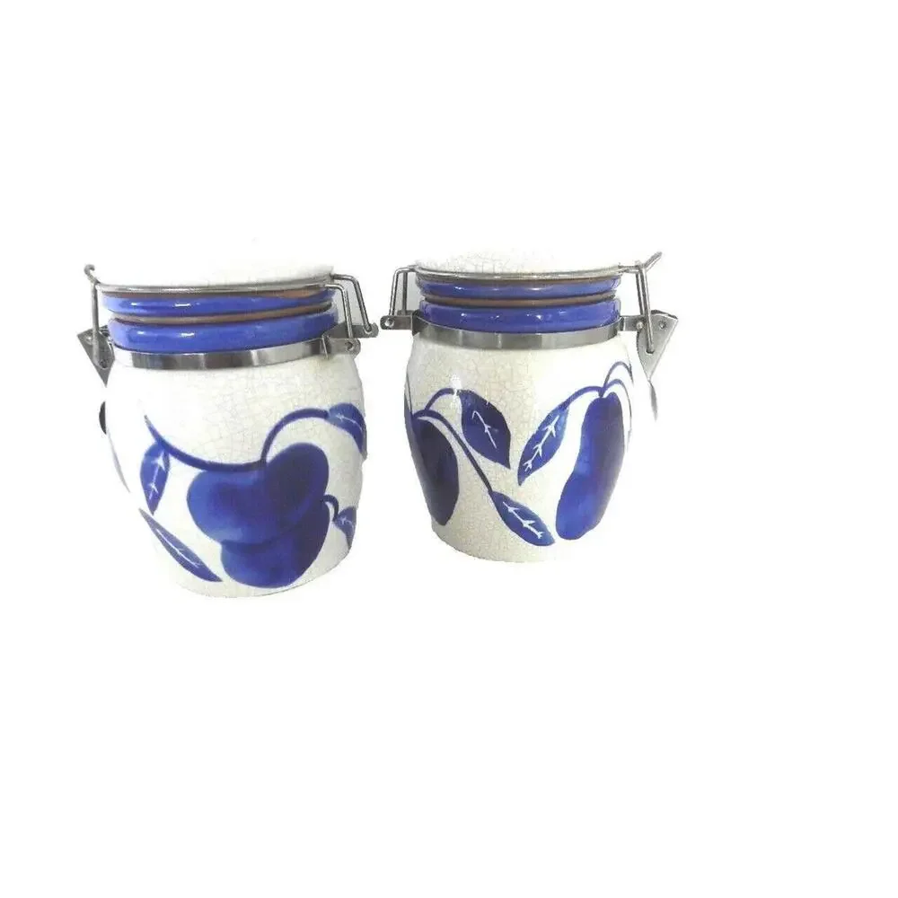 DesignPac Canister Set with lids Lot of 2    Blue Apple/Pair leaf/vine‎